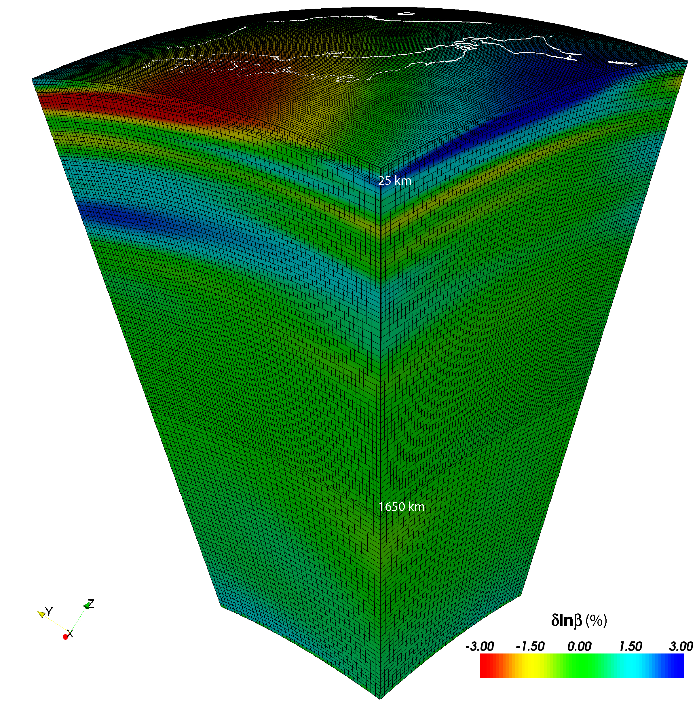 S-wave velocity anomalies from the global tomographic model s20rts (Ritsema and Van Heijst 2000) are superimposed on the mesh. For parallel computing purposes, the one-chunk SEM simulation is subdivided in terms of 64 slices. The center of the chunk is at (38.5$^{\circ}$ N, 137.5$^{\circ}$ E), and the lateral dimensions are 30$^{\circ}$ $\times$ 30$^{\circ}$. Two doubling layers are indicated at a depth of 25 km (PREM Moho depth) and a depth of about 1650 km. Shows full view of 25 neighboring slices; see Figure [1.2](#fig:Close-up-view-of) <div class="figcaption" style="text-align:justify;font-size:80%"><span style="color:#9A9A9A">Figure: S-wave velocity anomalies from the global tomographic model s20rts (Ritsema and Van Heijst 2000) are superimposed on the mesh. For parallel computing purposes, the one-chunk SEM simulation is subdivided in terms of 64 slices. The center of the chunk is at (38.5$^{\circ}$ N, 137.5$^{\circ}$ E), and the lateral dimensions are 30$^{\circ}$ $\times$ 30$^{\circ}$. Two doubling layers are indicated at a depth of 25 km (PREM Moho depth) and a depth of about 1650 km. Shows full view of 25 neighboring slices; see Figure [1.2</span></div> for close-up of upper mantle mesh.