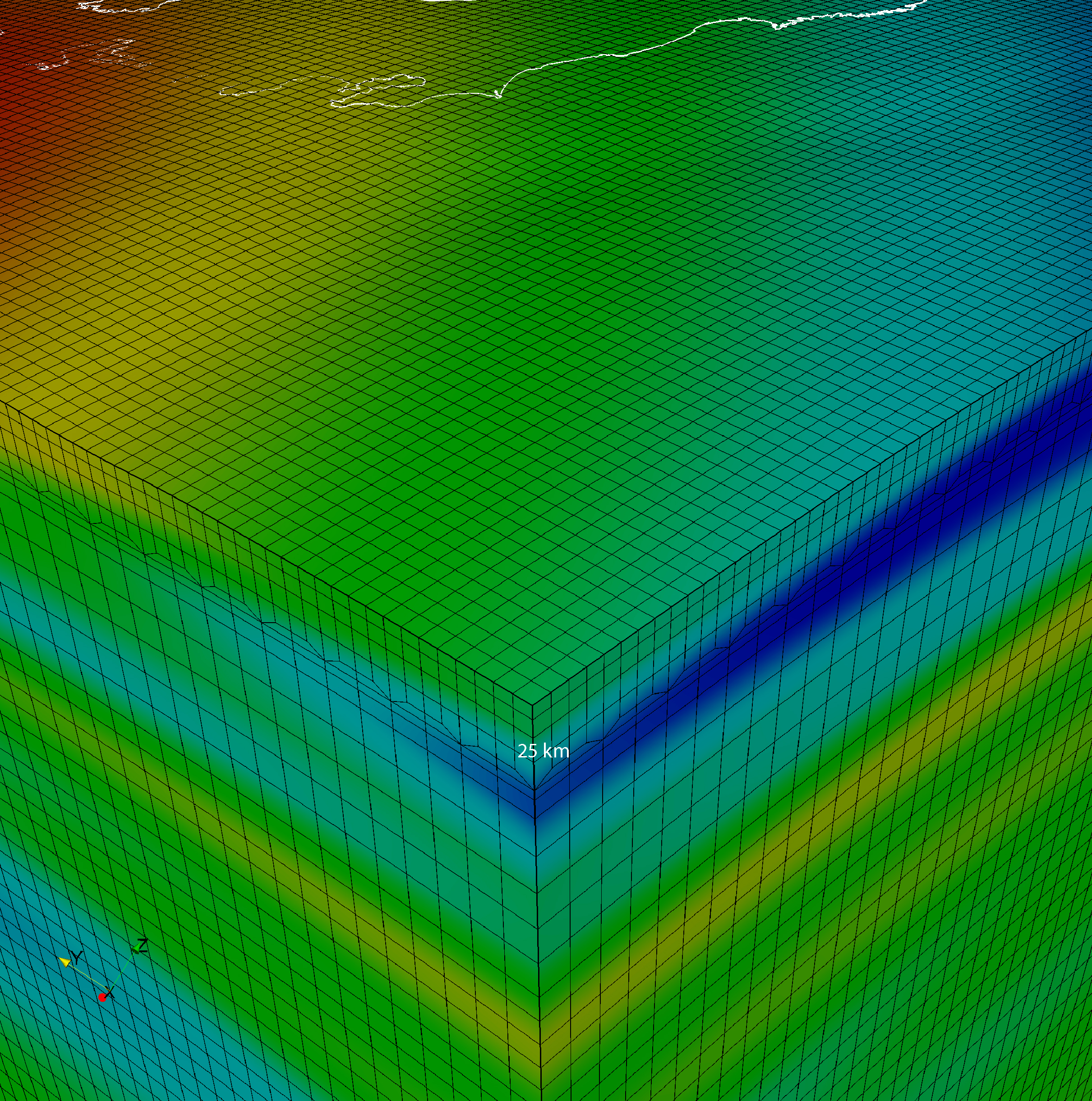 Close-up view of the upper mantle mesh shown in Figure [1.1](#fig:3D-spectral-element-mesh).<div class="figcaption" style="text-align:justify;font-size:80%"><span style="color:#9A9A9A">Figure: Close-up view of the upper mantle mesh shown in Figure [1.1</span></div>. Note that the element size in the crust (top layer) is 13 km $\times$ 13 km, and that the size of the spectral elements is doubled in the upper mantle. The velocity variation is captured by NGLL = 5 grid points in each direction of the elements (Komatitsch and Tromp 2002a, 2002b).