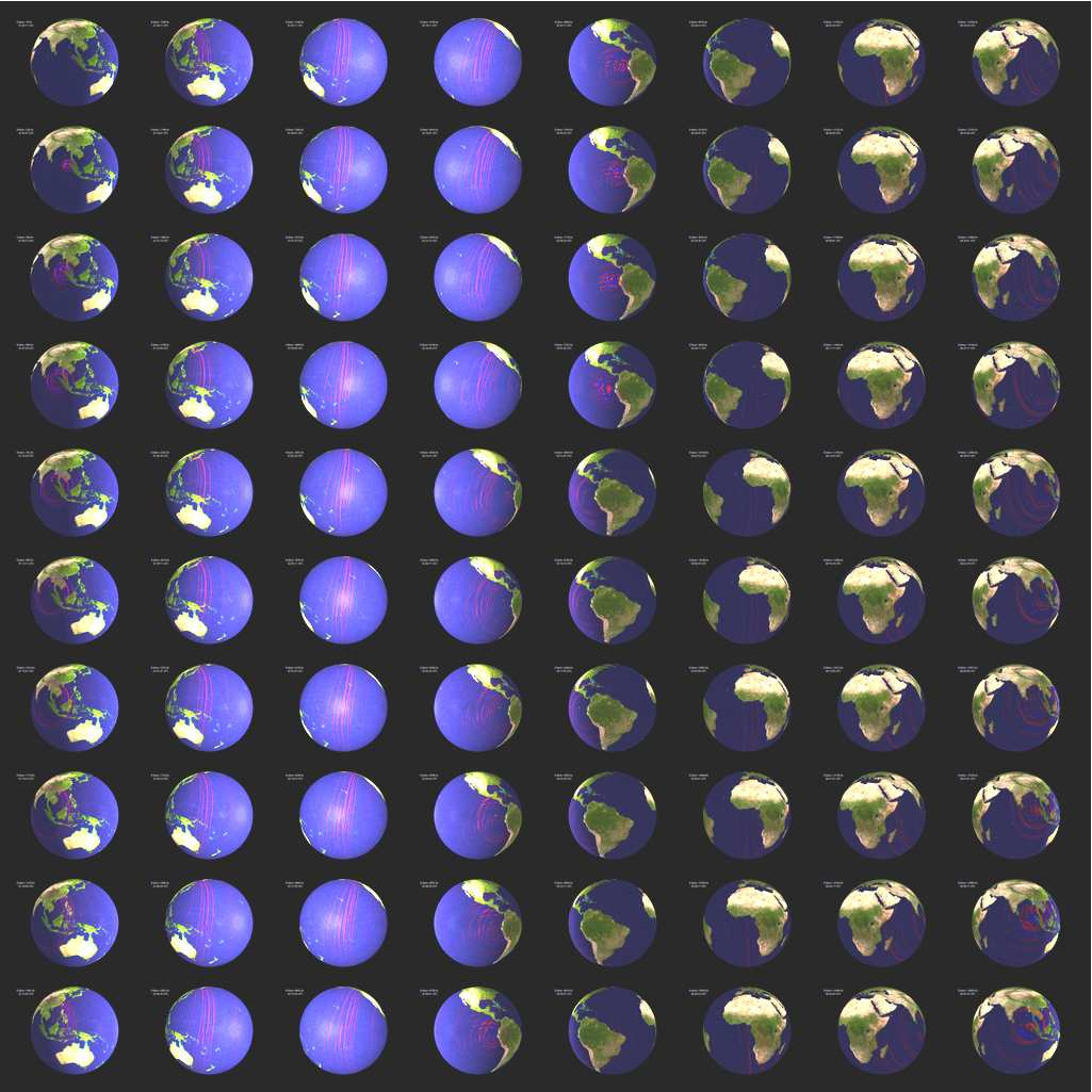 Snapshots from a global movie for the December 26, 2004, M=9.2 Sumatra-Andaman earthquake. Time runs down successive columns.